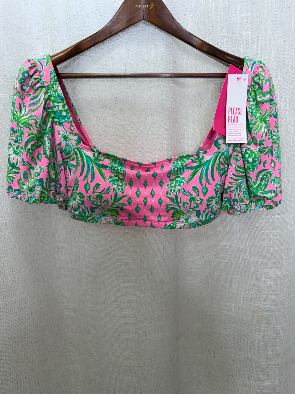 Lilly Pulitzer Neon Pink & Green Floral Puff-Sleeve Bikini Top Size 12 Brand New